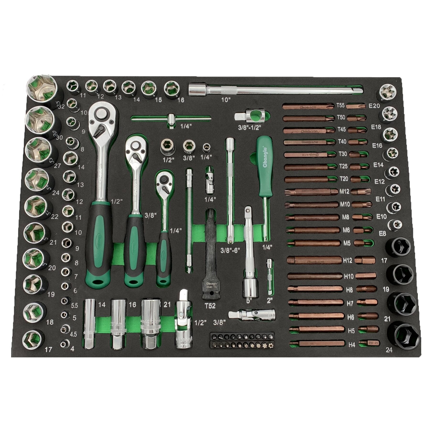 1/4" + 3/8" + 1/2" Dr. Socket uzgaļu komplekts, 122 gab. ar paplāti
