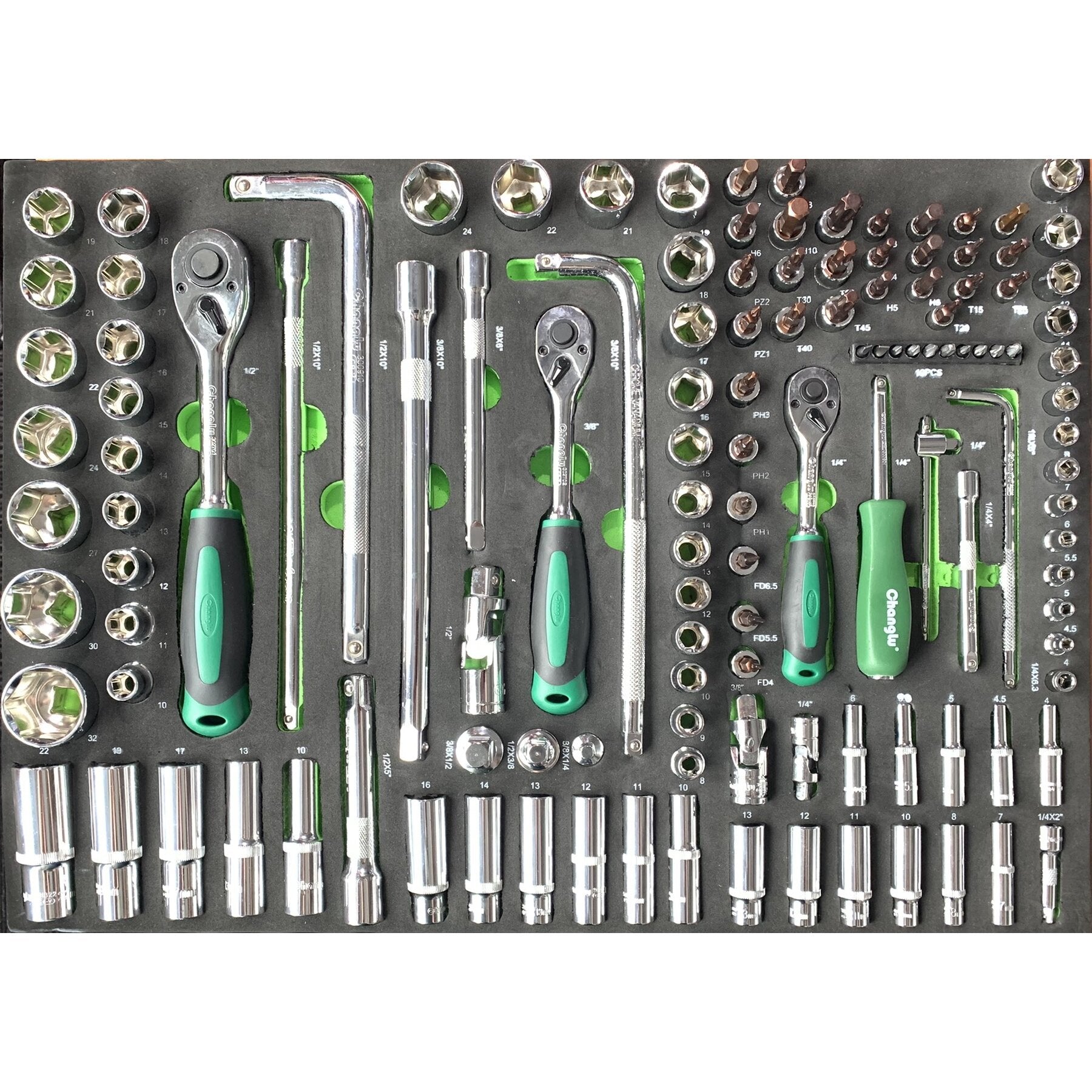 1/4" + 3/8" + 1/2" Dr. Socket uzgriežņu komplekts, 127 gab. ar paplāti