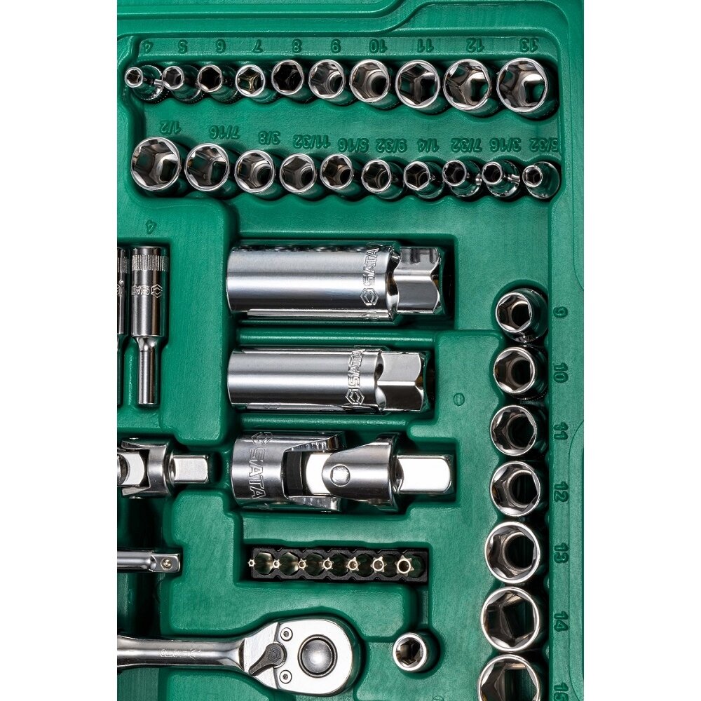 1/4" + 3/8" + 1/2" uzgriežņu atslēgu komplekts, 150 gab. (SAE un metriskās)