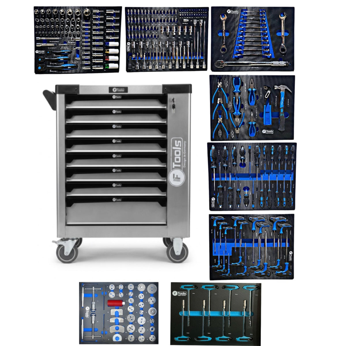 Instrumentu ratiņi XXL ar 8 aprīkotām atvilktnēm FTools