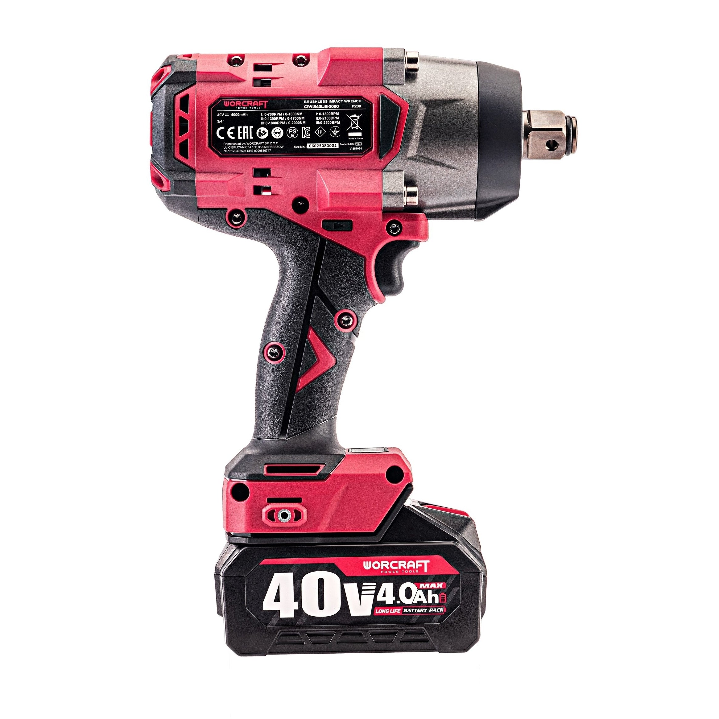 Li-ion bezsuku bezvadu triecienatslēga WORCRAFT 3/4'' 2600 Nm 40 V (BMC)
