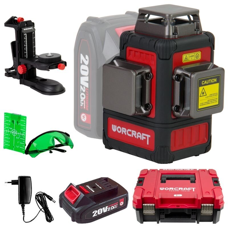 LI-ON krustveida lāzerlīmeņa 3x3D ar zaļo staru komplekts WORCRAFT 2,0 Ah XCUBE kastē