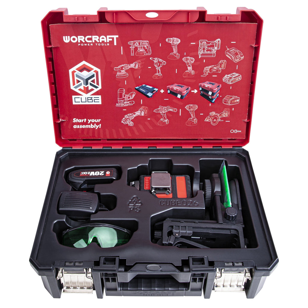 LI-ON krustveida lāzerlīmeņa 3x3D ar zaļo staru komplekts WORCRAFT 2,0 Ah XCUBE kastē