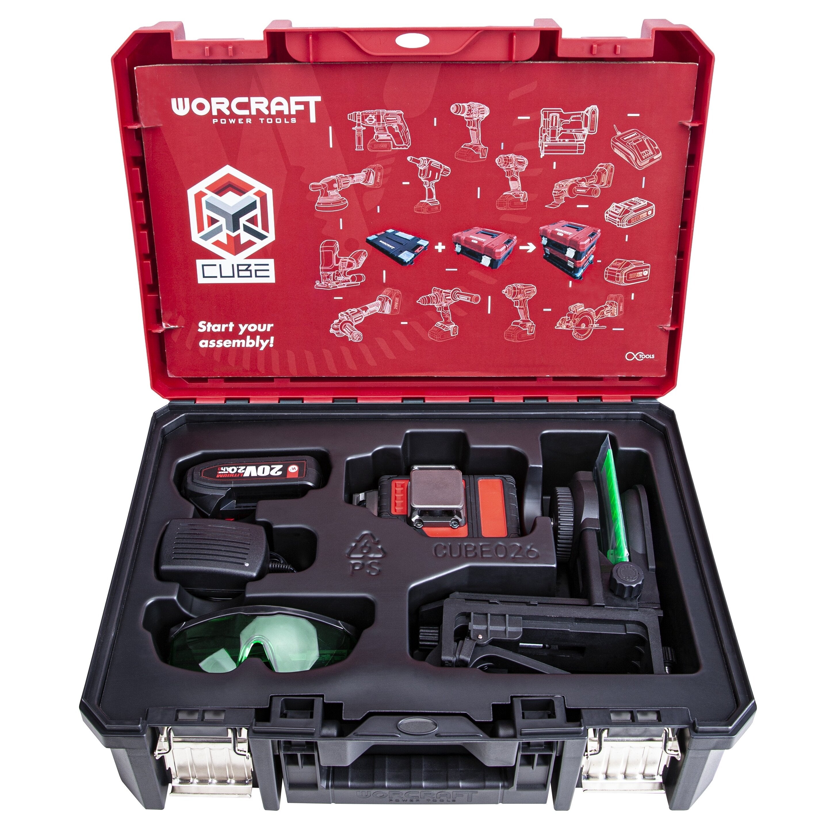 LI-ON krustveida lāzerlīmeņa 3x3D ar zaļo staru komplekts WORCRAFT 2,0 Ah XCUBE kastē