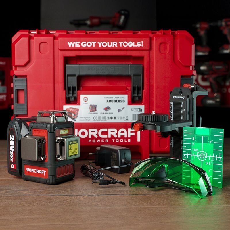 LI-ON krustveida lāzerlīmeņa 3x3D ar zaļo staru komplekts WORCRAFT 2,0 Ah XCUBE kastē