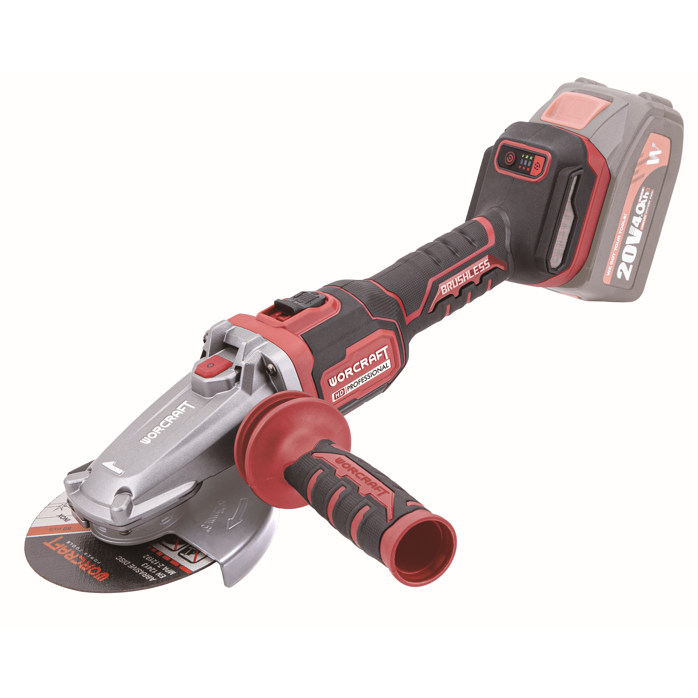 Li-ion bezvadu bezsuku leņķa slīpmašīna (ar plakanu galvu) WORCRAFT 125 mm 20 V