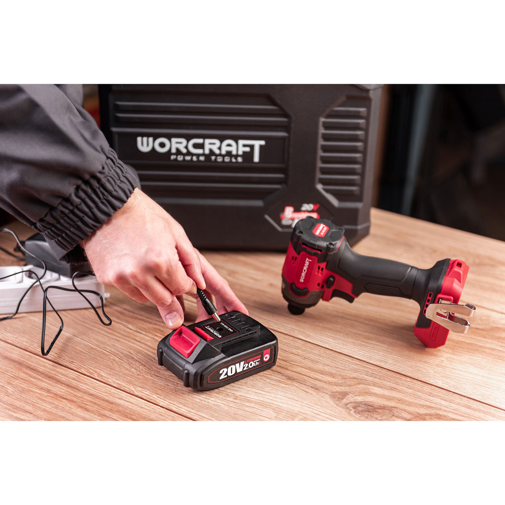Li-ion bezsuku bezvadu triecienatslēga 1/4'' HEX WORCRAFT 20V (BMC) 2,0 Ah