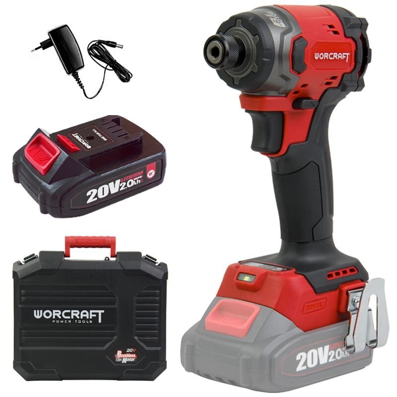 Li-ion bezsuku bezvadu triecienatslēga 1/4'' HEX WORCRAFT 20V (BMC) 2,0 Ah