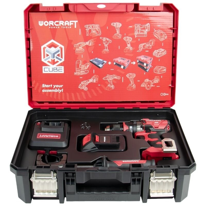 Li-ion bezvadu skrūvgriezis/urbjmašīna WORCRAFT 20 V (XCUBE kastē)