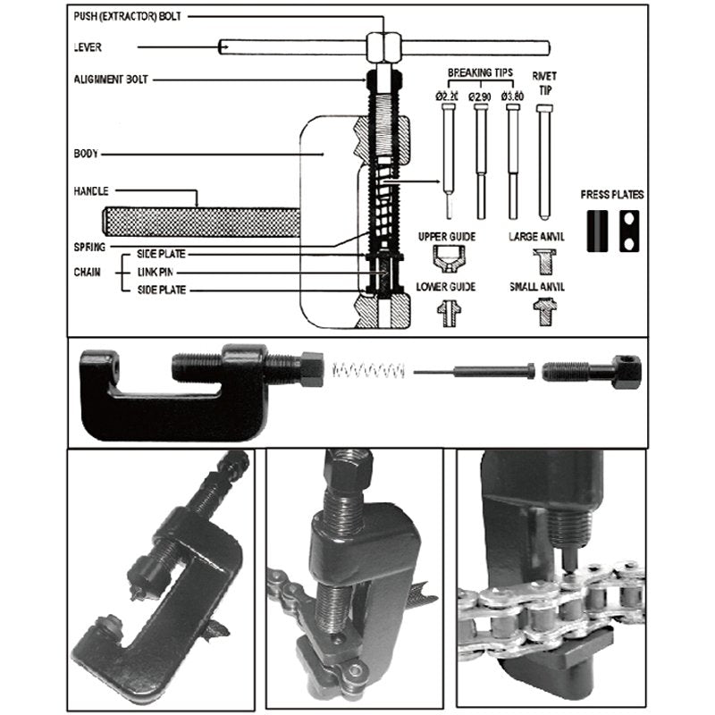 Ķēdes pārtraucēja un kniedēšanas instrumenti