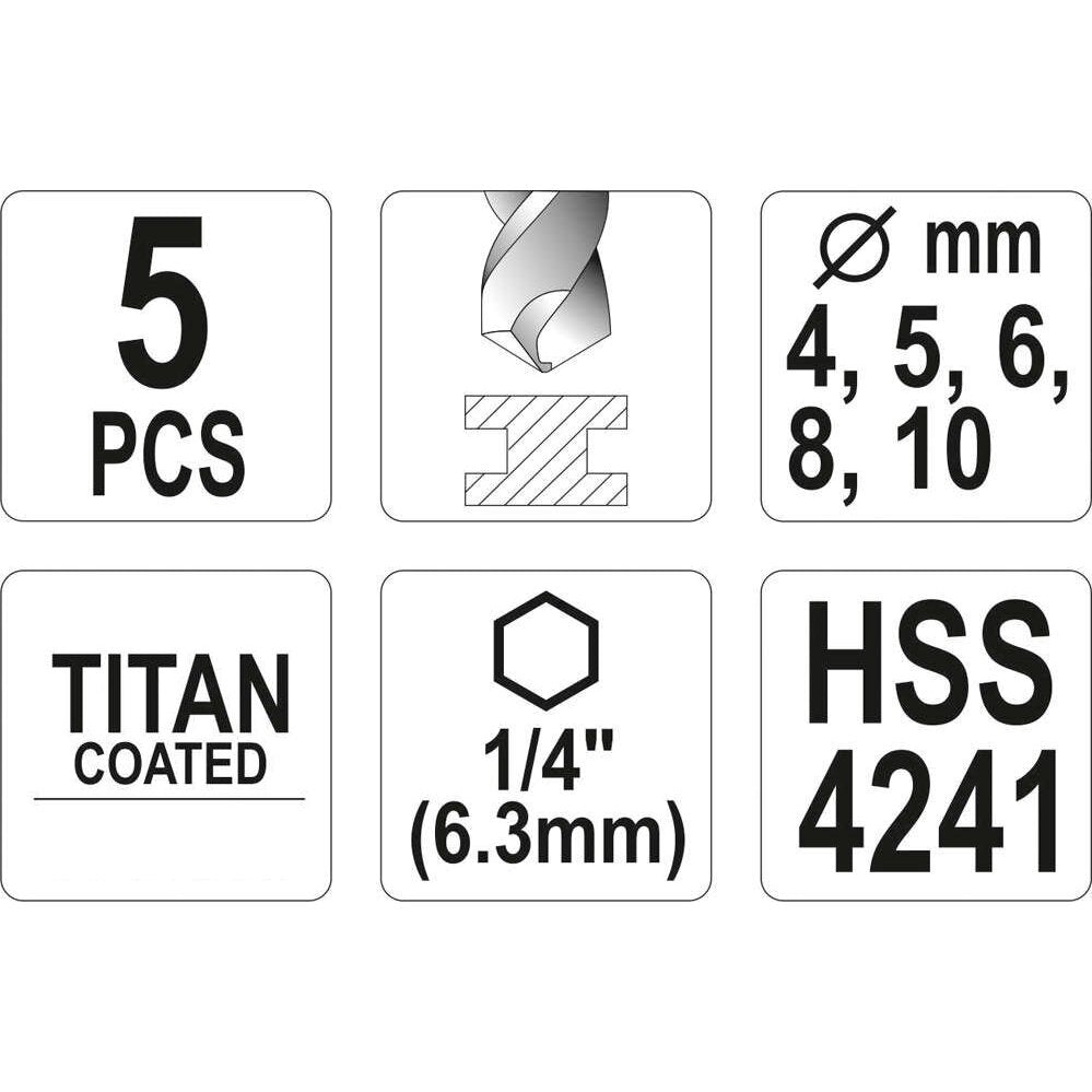 Spirālveida urbju komplekts DIN338 5 gab. 4,0-10,0 mm, titāna pārklājums