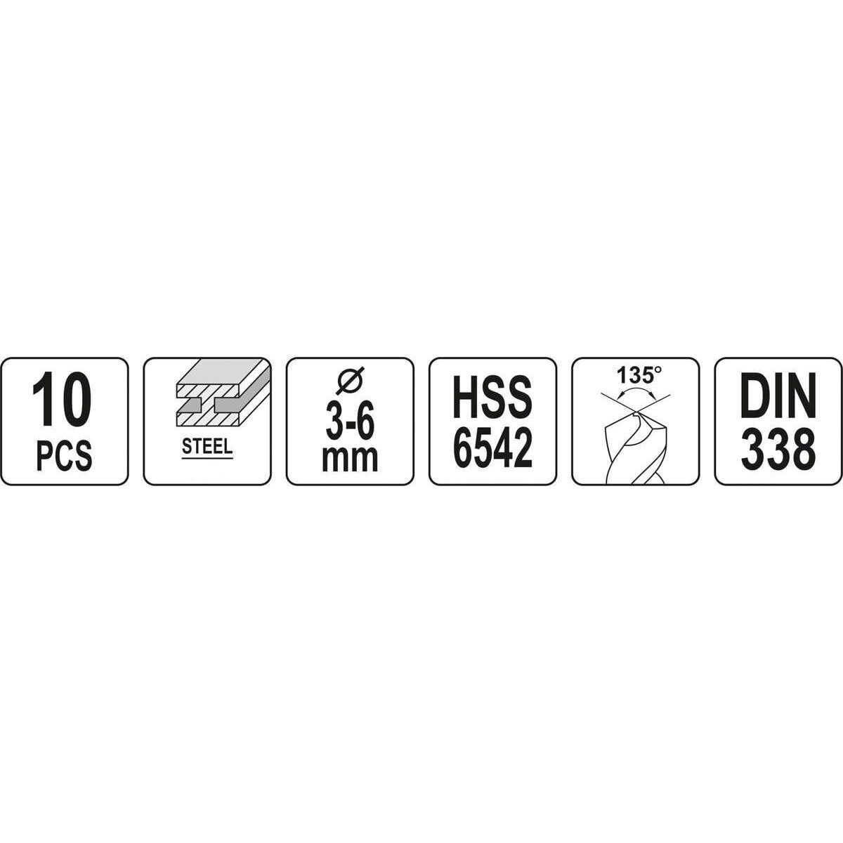 Divpusējs spirālveida urbju komplekts HSS (10 gab.) 3,0-6,0 mm