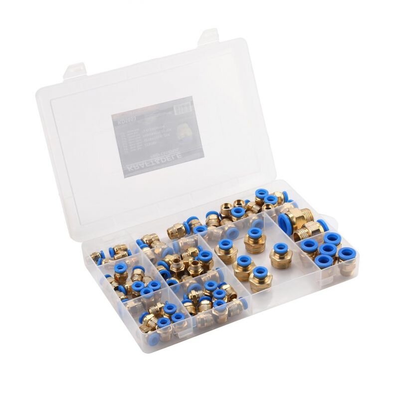 Vītņoto pneimatisko ātrsavienotāju komplekts (4–16 mm) (1/8" + 1/4" + 1/2") 72 gab.