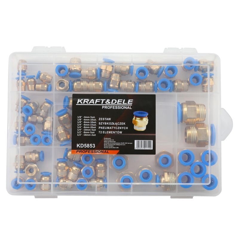 Vītņoto pneimatisko ātrsavienotāju komplekts (4–16 mm) (1/8" + 1/4" + 1/2") 72 gab.