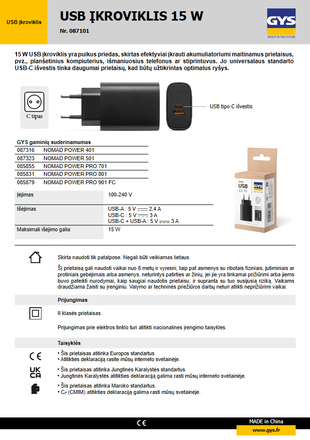 USB LĀDĒTĀJS 15 W 087101