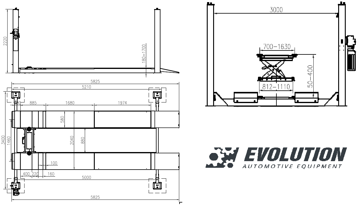 EVO-50 4 statņu pacēlājs 5000 kg riteņu ģeometrijai EVOLUTION/400V