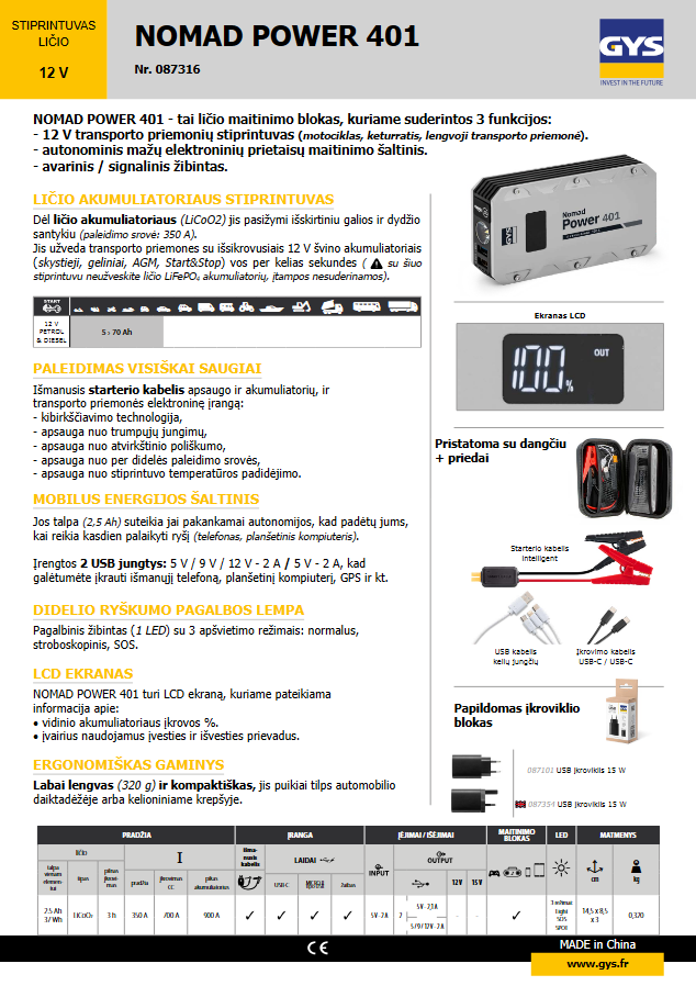Daudzfunkcionāls lādētājs - starteris NOMAD 401 087316