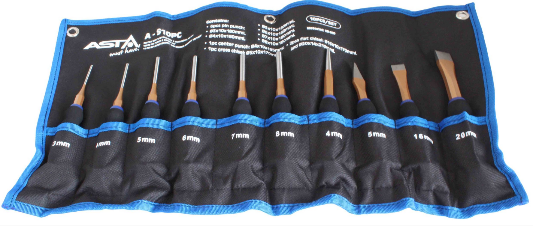 A-S10PC Kaltu un izsišanas elementu komplekts ar ergonomisku rokturi, 10 gab.