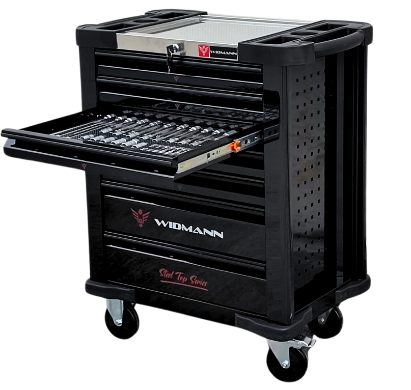 WIDMANN instrumentu ratiņi – 7 atvilktnes ar 7 komplektiem, 281 gab. WM-ST-7BK