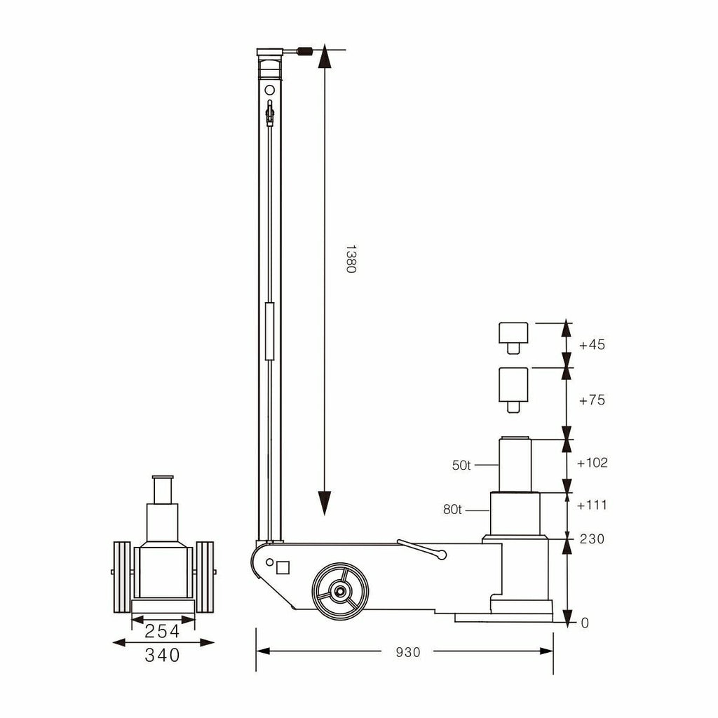Pneimatiski hidrauliskais domkrats 80/50T SNIT / 230-563mm S80-2J