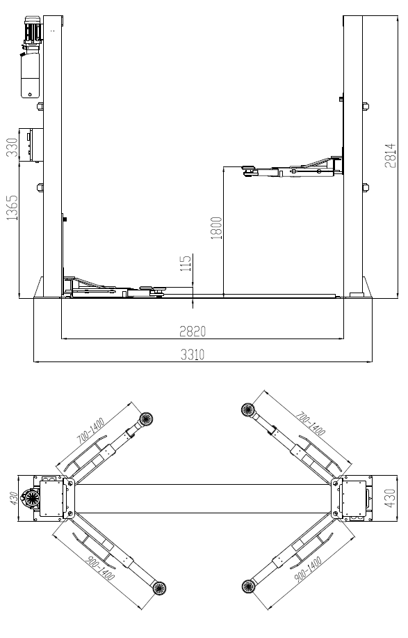 JH-4000FE 2 statņu pacēlājs 4000 kg VIEDĀS APRĪKOJUMA 230/400 V