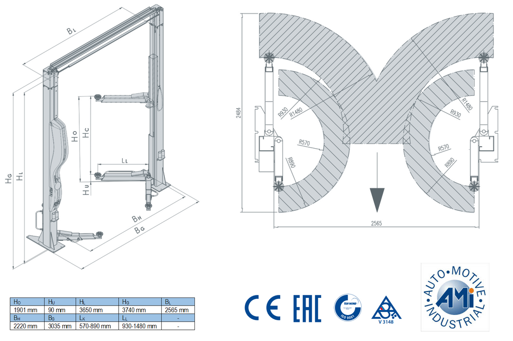 2 statņu pacēlājs 3000 kg AMI ECO LINE/400V
