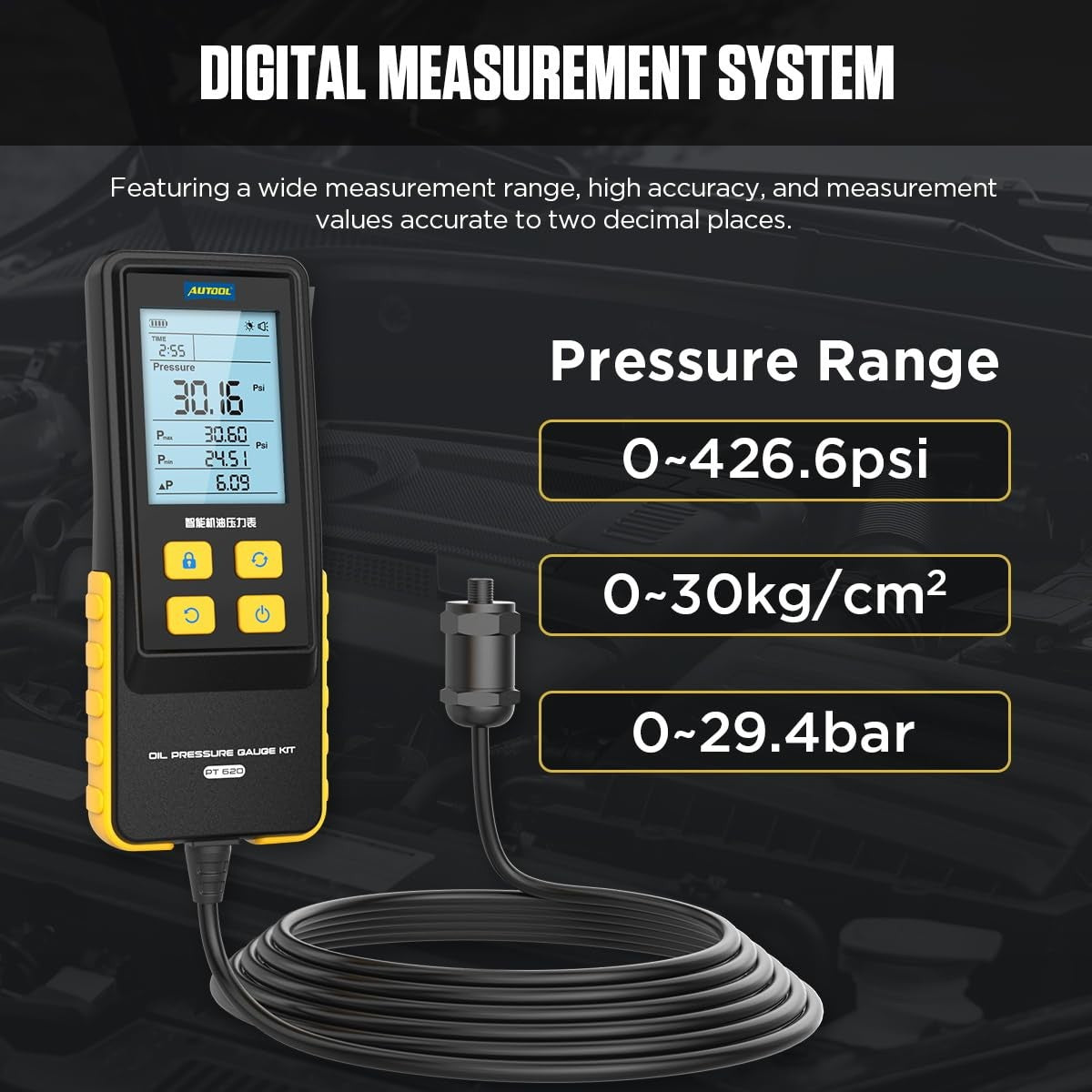 PT620 AUTOOL digitālais eļļas spiediena mērītājs automašīnām, 0–426,6 PSI