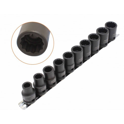 12-kampių kalamų galvučių rinkinys 1/2" (10-19 mm) su tvirtinimo juosta 525SET10