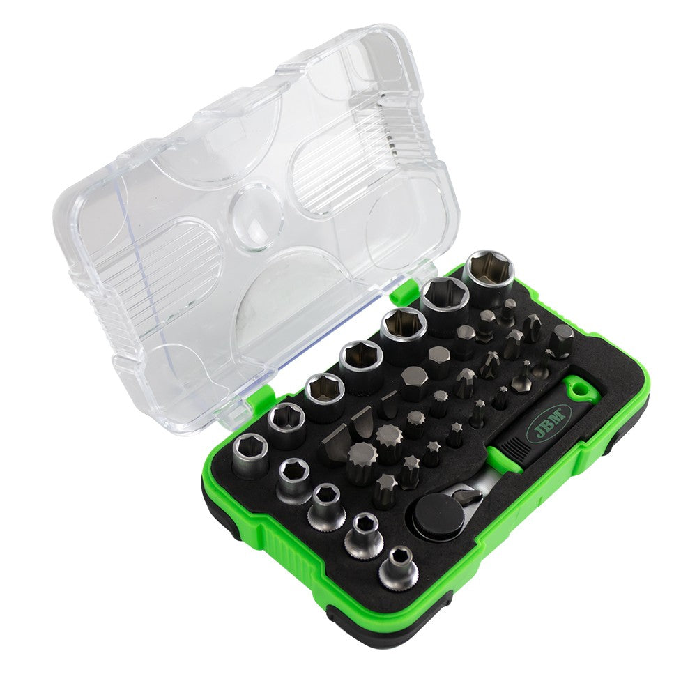 Instrumentu komplekts ar 1/4" mini sprūdrata atslēgu, 38 daļas, 53156