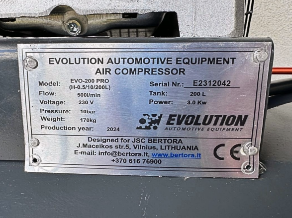 EVO-200PRO virzuļkompresors ar saspiestu gaisu 200l Evolution (230v)