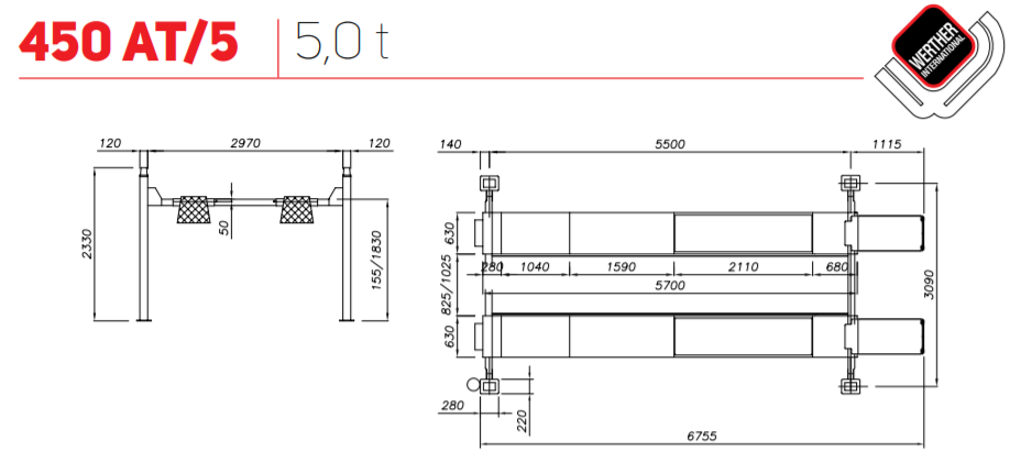 4 statņu pacēlājs 5000 kg riteņu savirzei WERTHER/400V