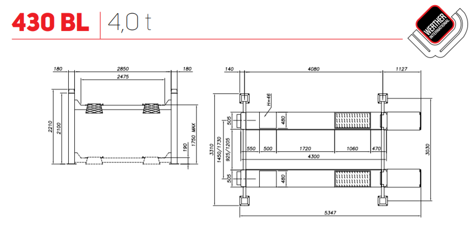 4 statņu pacēlājs 4000 kg riteņu savirzei WERTHER/400V
