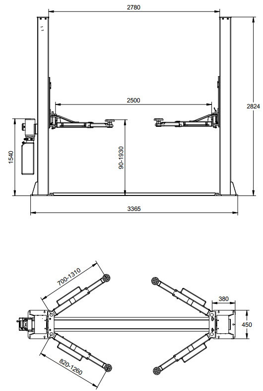 SM-4000+ 2 statņu pacēlājs 4000 kg VIEDĀS APRĪKOJUMA 230/400 V