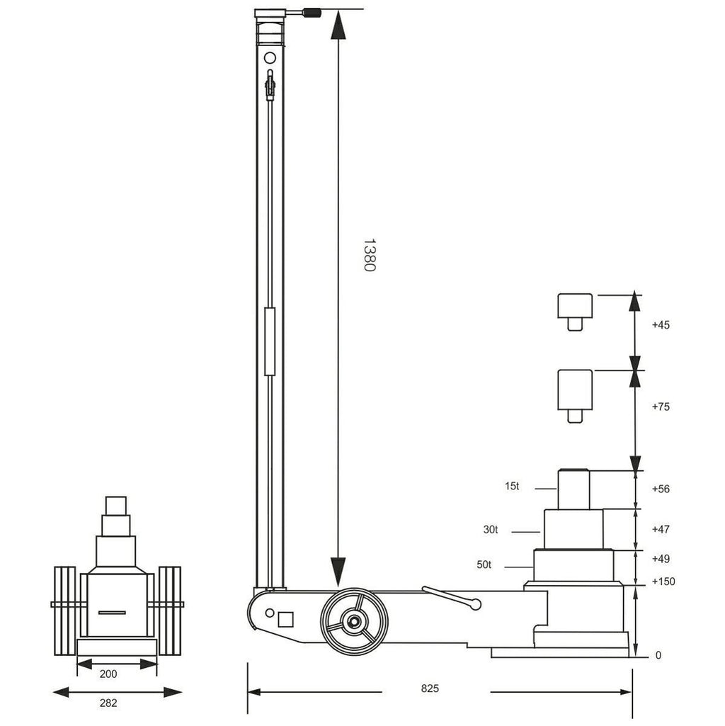 Pneimatiski hidrauliskais domkrats 50/30/15T SNIT / 150-422mm