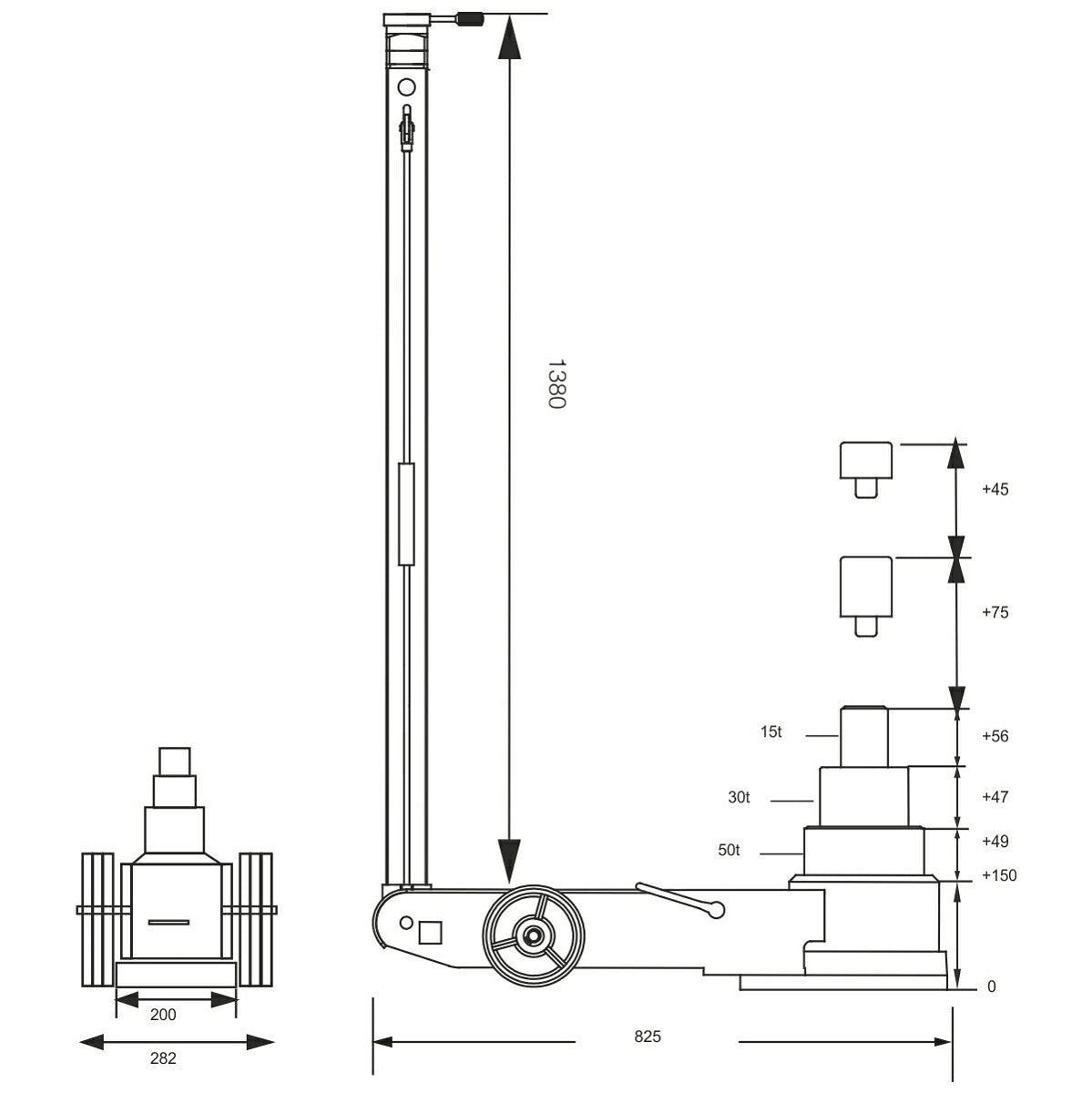 Pneimatiski hidrauliskais domkrats 50/30/15T SNIT / 150-422mm