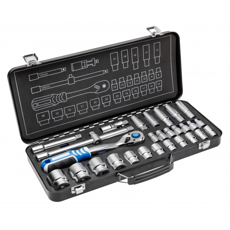 Instrumentu komplekts 1/2 metāla kastē, 29 daļas HOEGERT HT1R480