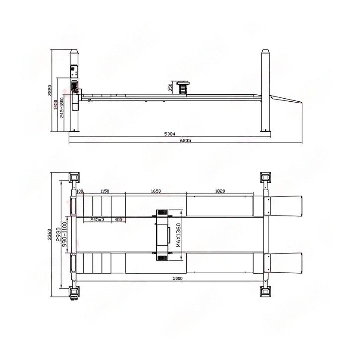 JH-4P5000J 4 statņu pacēlājs 5000 kg riteņu ģeometrijai / 400 V