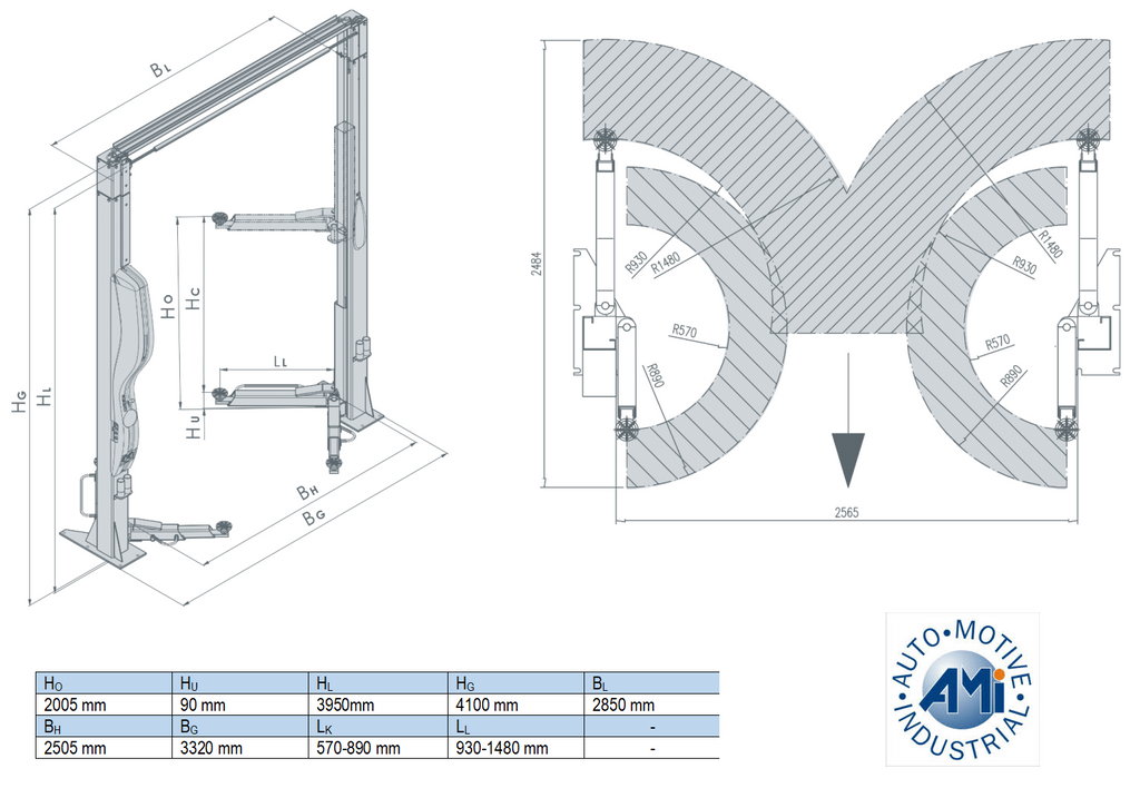 2 statņu pacēlājs 4000 kg AMI PREMIUM/400V