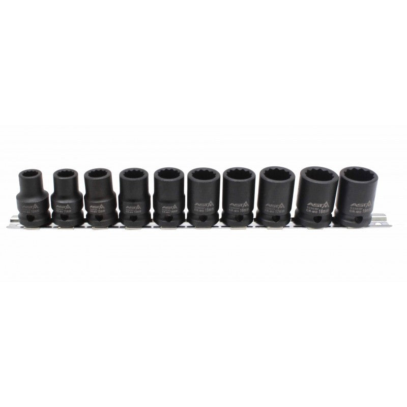 12-kampių kalamų galvučių rinkinys 1/2" (10-19 mm) su tvirtinimo juosta 525SET10