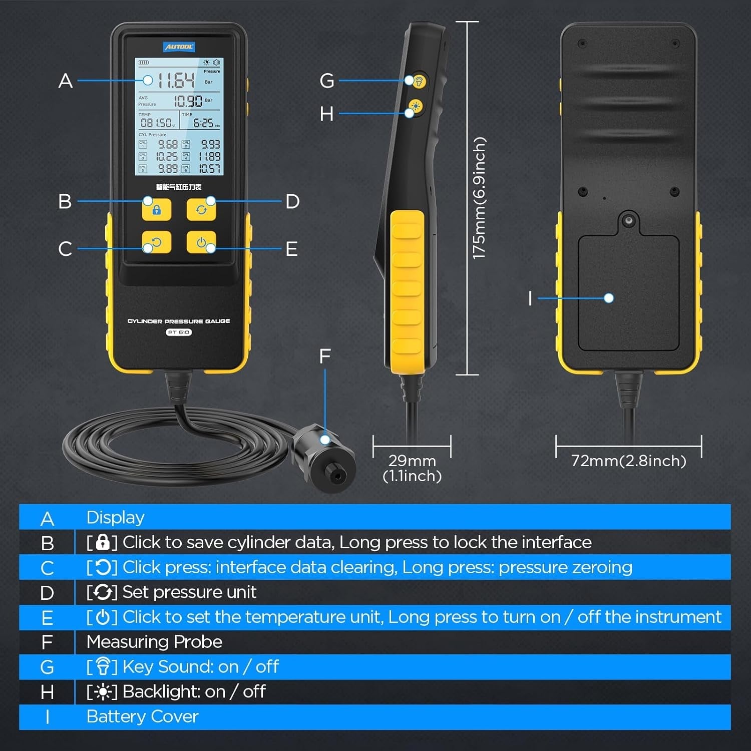PT610 AUTOOL digitālais kompresijas testeris benzīna automašīnām