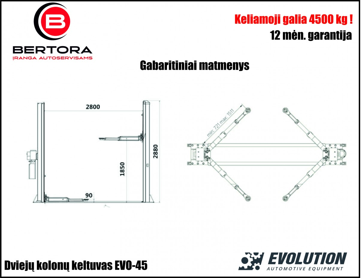 EVO-45E divu statņu pacēlājs 4500 kg EVOLUTION/230/400V