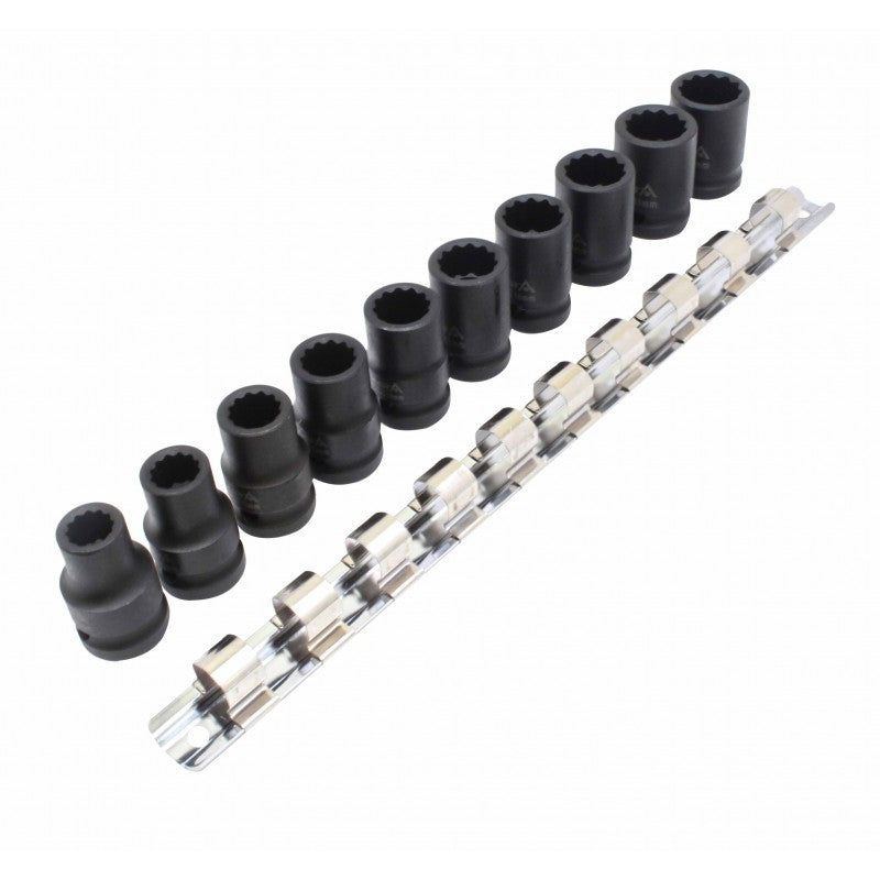 12-kampių kalamų galvučių rinkinys 1/2" (10-19 mm) su tvirtinimo juosta 525SET10