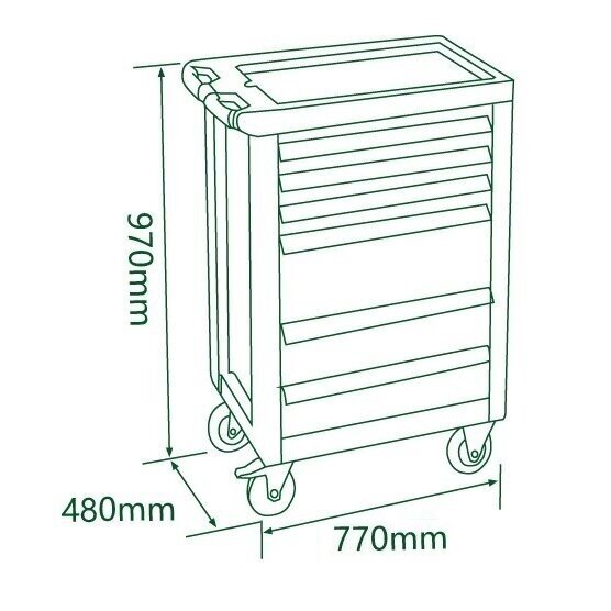Ratiņu skapis ar 7 atvilktnēm, CL713017 ar instrumentu komplekta paliktņiem (330 gab.), 5 komplekti