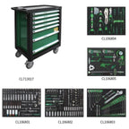 Ratiņu skapis ar 7 atvilktnēm, CL713017 ar instrumentu komplekta paliktņiem (330 gab.), 5 komplekti