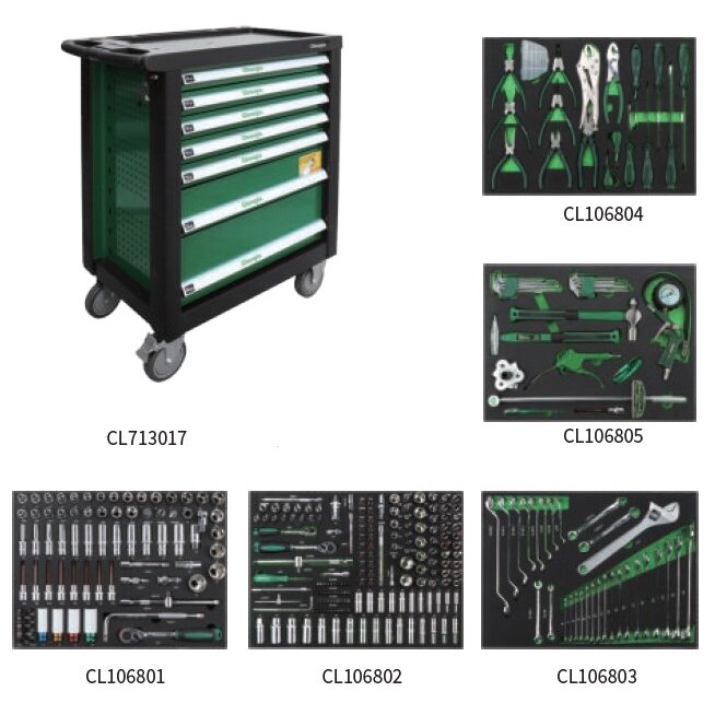 Ratiņu skapis ar 7 atvilktnēm, CL713017 ar instrumentu komplekta paliktņiem (330 gab.), 5 komplekti