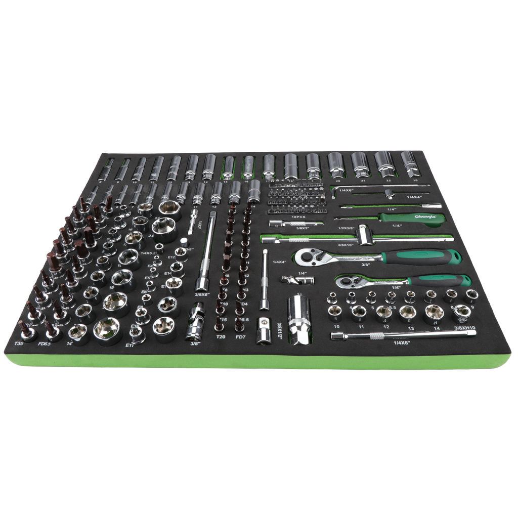 Ratiņu skapis ar 7 atvilktnēm, CL713017 ar instrumentu komplekta paliktņiem (330 gab.), 5 komplekti