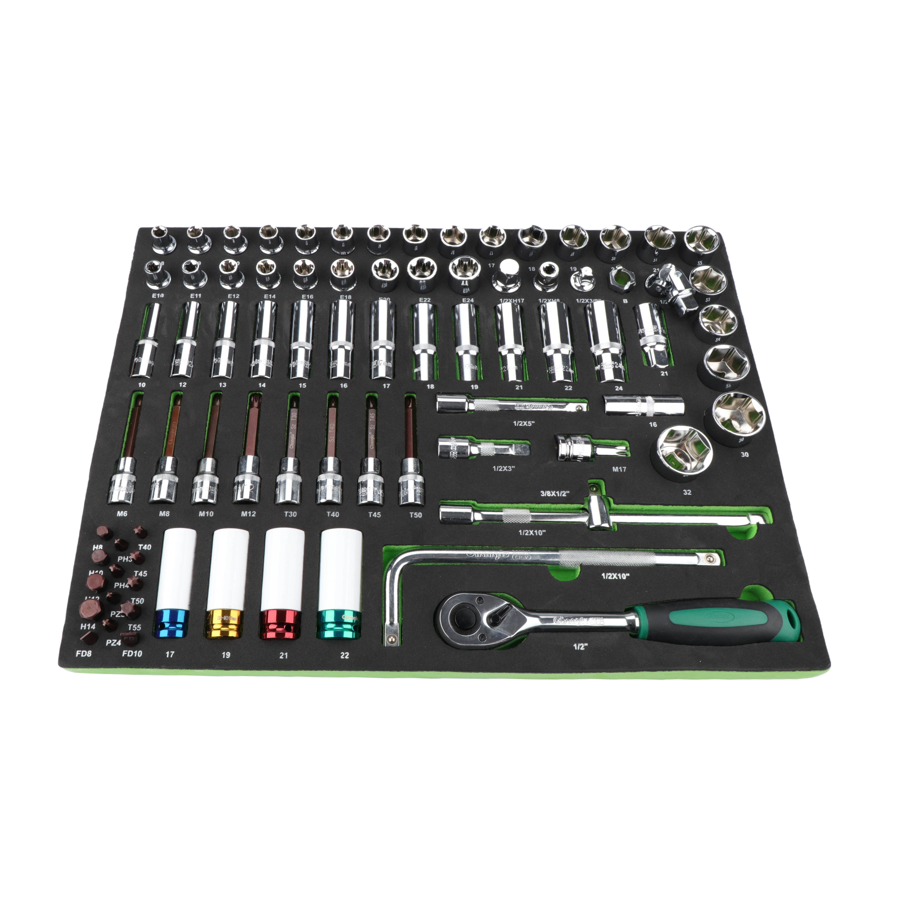 Ratiņu skapis ar 7 atvilktnēm, CL713017 ar instrumentu komplekta paliktņiem (330 gab.), 5 komplekti