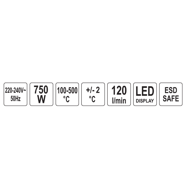 Karstā gaisa lodēšanas stacija 750 W, 500 °C, LED