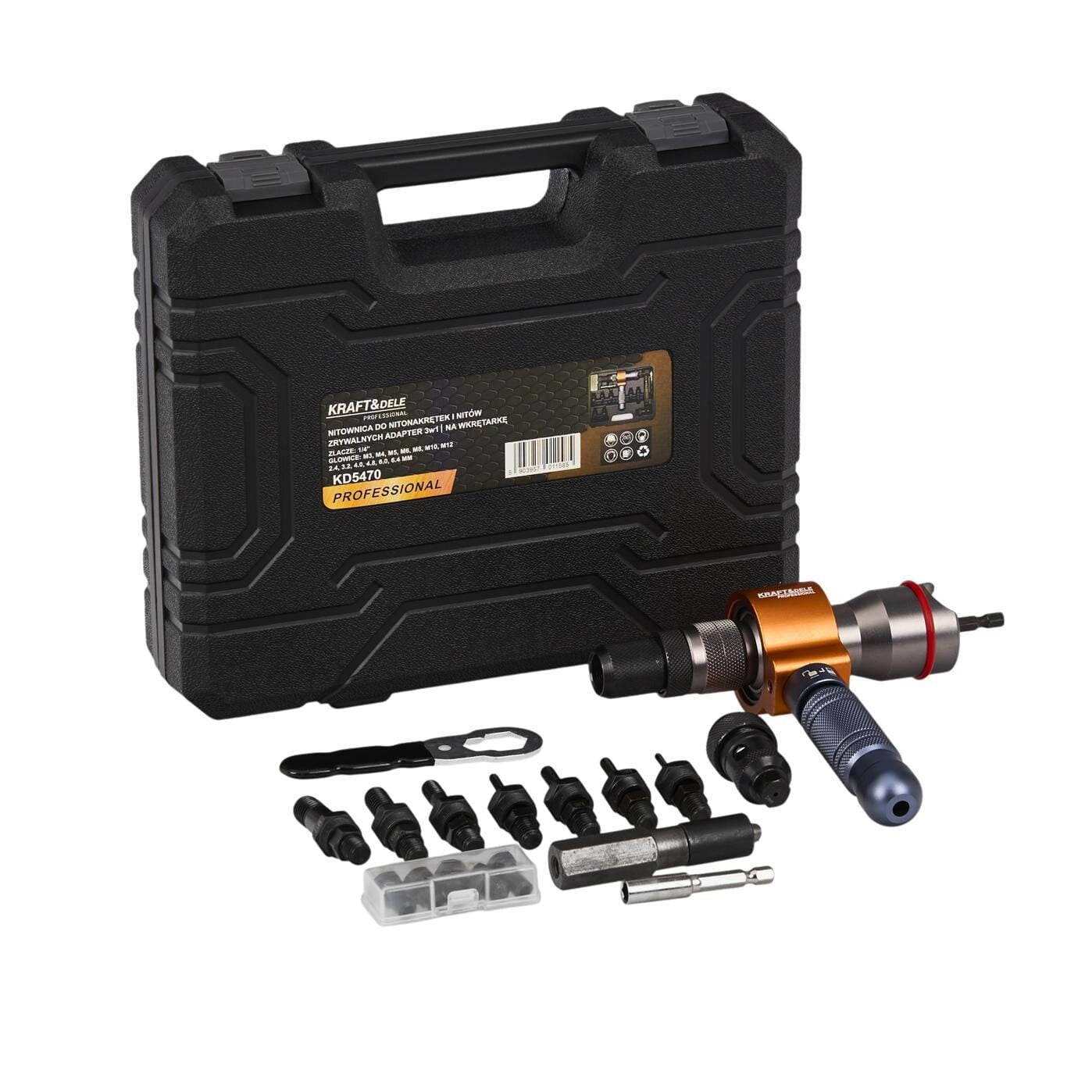 3-in-1 kniedēšanas urbja adapteris ar M3–M12 uzgaļu komplektu