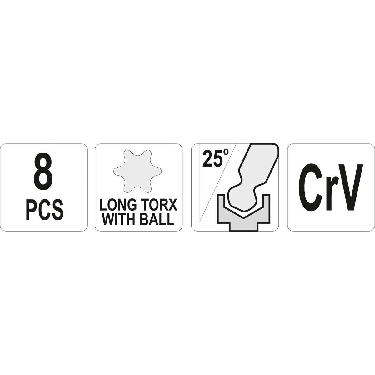 Sešstūra atslēgu lodveida gala TORX komplekts 8 gab. (T9-T40)
